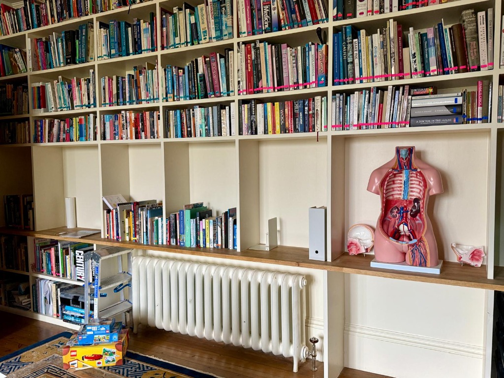 Bookcase full of books with anatomy model